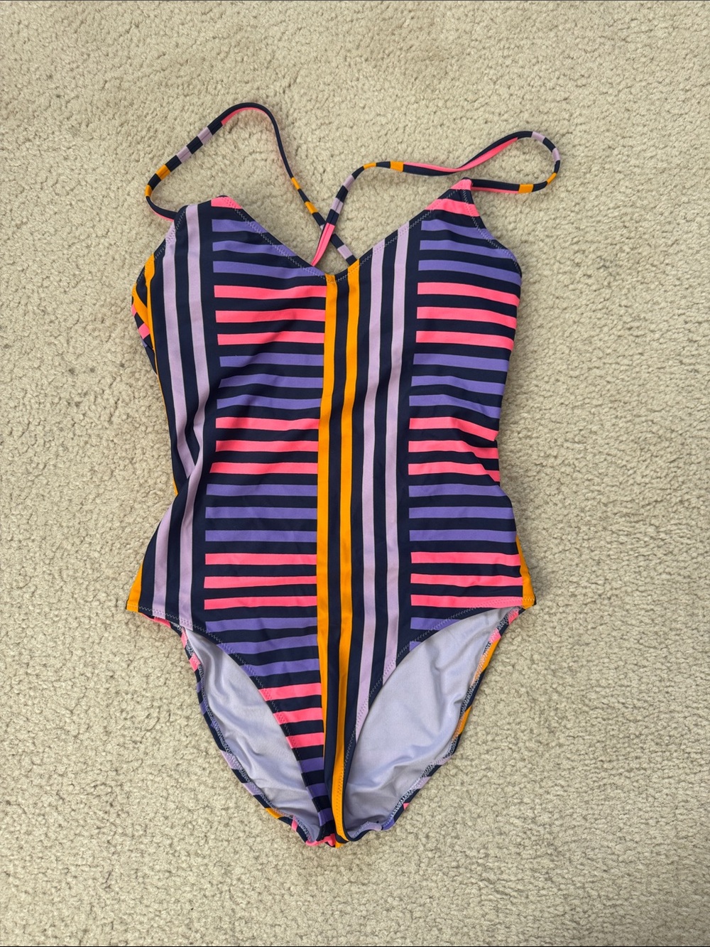 aerie Womens' One-Piece Swimsuit - Pink, Purple & Navy with Yellow Stripe - Med